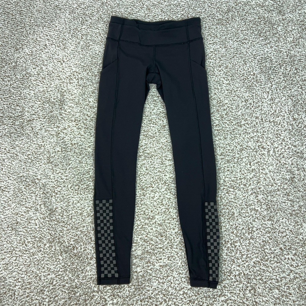 Lululemon Pants Womens 4 Black Mid Rise Ankle Leggings Check Panel Pockets Run